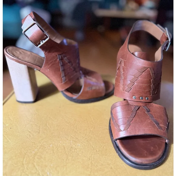 Thakoon Addition Brown Leather Block Heel Sandals SZ 7.5
